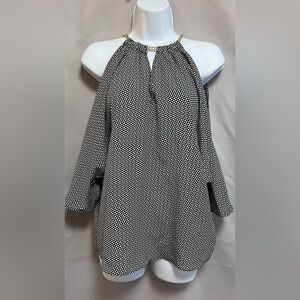 MICHAEL KORS Black Wht Gold Chain Neck Open Cold Shoulder Dolman 3/4 Sleeve Top